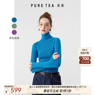 茶·愫【明星同款】puretea茶愫高領(lǐng)針織衫女堆堆袖打底毛衣秋季新款 湖藍(lán) S