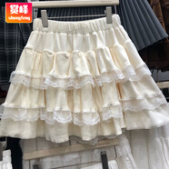賞峰甜美減齡白色芭蕾風半身裙女高腰松緊蓬蓬裙蕾絲蛋糕裙短裙女 杏色【店家主推】 S 建議80-90斤