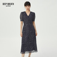 深呼吸DEEP BREATH女裝V領(lǐng)中長(cháng)高腰泡泡袖收腰碎花連衣裙A500197 藏藍-波點(diǎn) L (4碼)