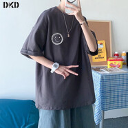 蒂卡登短袖t恤男夏季學生潮牌港風ins百搭寬松半截袖純棉打底衫上衣服 笑臉T恤（深灰色） 2XL（建議145斤-160斤）