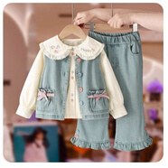 G·DUCK KIDS女童牛仔套裝春秋款2025洋氣韓版兒童春秋裝襯衫寶寶牛仔褲三件套 繡花襯衫+牛仔馬甲+牛仔褲 90