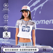 SuaMoment貼布繡插肩v領撞色短袖T恤女夏季短袖休閑運動球衣體恤 白色 S