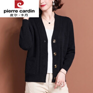 皮爾卡丹（pierre cardin）中年媽咪毛衣開衫外套女2025新款春秋寬松外搭純色洋氣針織上衣 黑色 4XL 建議150-160斤
