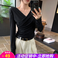 歐貝汐小眾交叉蕩領(lǐng)白色微透長(zhǎng)袖罩衫T恤女夏2025新款上衣 黑色 S