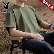 花花公子（PLAYBOY）純棉T恤男短袖240G重磅精梳棉半袖黑色純色全棉夏季寬松大碼體恤 軍綠 L (適合115-135斤)
