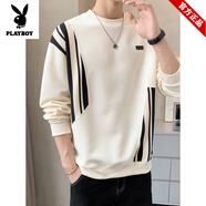 花花公子（PLAYBOY）純棉休閑衛衣男士春秋長(cháng)袖t恤戶(hù)外潮牌寬松加絨拼接男裝內搭上衣 23287白色 【米白色】 3XL 體重范圍160-180斤