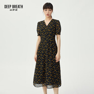 深呼吸DEEP BREATH女裝V領(lǐng)中長(zhǎng)高腰泡泡袖收腰碎花連衣裙A500197 黑-黃花 M (3碼)