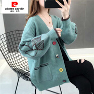 皮爾卡丹（pierre cardin）大碼胖mm2025秋款韓版時(shí)尚秀花針織開(kāi)衫女毛衣韓版寬松秋冬中長(cháng)款 綠色【原版】 S (80-95斤)