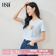 歐莎（OSA）白色短款T恤女士夏季新款衣服短袖印花顯瘦正肩上衣體恤修身 淺藍色 L
