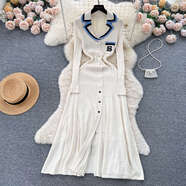 NTKW跨境歐美新款POLO領(lǐng)Dress女裝氣質(zhì)修身針織連衣裙女夏長裙 長袖杏色 S
