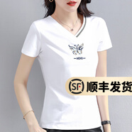 幻黛（HUANDAI）短袖t恤女夏季女裝新款年打底衫品牌純色女士短袖繡花V領(lǐng)t恤 白色 L 【建議100-110斤】