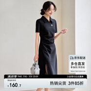 尚都比拉夏季通勤Polo裙腰短袖針織連衣裙女開叉A字裙 黑色142L54627  S