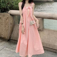 法式茶歇吊帶連衣裙女夏季仙氣泰國(guó)森系甜美粉色海邊度假沙灘長(zhǎng)裙 粉紅色 XS
