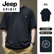 JEEP SPIRIT潮流280g重磅純棉短袖T恤男2025新款夏季刺繡寬松大碼男士半袖衫 黑色【280克】 5XL 體重215-230斤