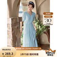 茵曼（INMAN）法式薄荷曼波連衣裙2024夏女裝新品V領燈籠袖抽繩 紺藍色 S