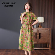 古赫倫（GUHELUN）花羅香云紗真絲連衣裙2025新款皮草媽媽夏季桑蠶絲旗袍裙子女 黃綠花 L 推薦90-115斤