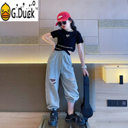 G.DUCKKIDS爵士舞服裝女童學(xué)生夏季潮流時髦街舞套裝兒童韓版女孩走秀舞蹈服 黑色T恤+灰色褲子 160 cm