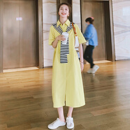 胖妹妹歐美黃色襯衫裙襯衣連衣裙女夏裝新款長(cháng)裙胖mm顯瘦披肩裙子 黃色 L建議140-160斤 均碼