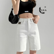 SXA香港潮牌棉質牛仔短褲女夏季2025薄款五分褲子高腰直筒時尚中褲女 白色 L