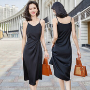 醋酸緞面吊帶連衣裙女夏垂感時(shí)尚氣質(zhì)顯瘦西服內搭打底雪紡長(cháng)裙子 黑色 2XL 建議120-130斤
