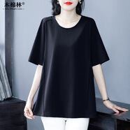 木棉林（mumianlin）精棉短袖T恤胖妹妹mm寬松大碼女裝2025年夏裝新款遮肚子顯瘦上衣 黑色 4XL 推薦180-200斤