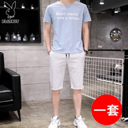 花花公子男士休閑套裝夏季簡(jiǎn)約短袖短褲學(xué)生青年夏天搭配運(yùn)動(dòng)兩件套男裝 T127藍(lán)色+灰色褲（套裝） 4XL 165-185斤