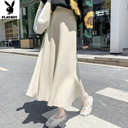 花花公子（PLAYBOY）黑色a字半身裙女秋冬2025新款高腰中長款毛線大擺長裙加厚針織裙 杏色 9432# S 建議85-99斤