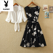 花花公子（PLAYBOY）流行冰絲仿絲綢套裝裙女夏印花綁帶收腰小黑裙無袖雪紡連衣裙兩件 白色上衣+黑色連衣裙 3XL 135-145斤