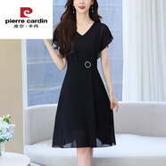 皮爾卡丹氣質(zhì)V領(lǐng)短袖連衣裙女夏季2025新款洋氣媽媽夏裝女士收腰顯瘦裙子 黑色 今年流行的輕奢品牌 XL (115-125斤)
