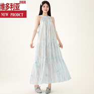維多利亞的格調(diào)拉窩姐姐法式溫柔無(wú)袖大擺連衣裙女夏季新款玫瑰花花朵氣質(zhì)長(zhǎng)裙子 藍(lán)色 M