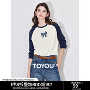 初語(yǔ)牛仔蝴蝶結美式t恤女2024秋季新款撞色插肩袖減齡休閑上衣 藏藍-米杏 M