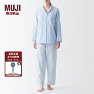 無(wú)印良品（MUJI） 女式 無(wú)側縫雙層紗織睡衣女士家居服春秋純棉條紋格紋長(cháng)袖 女款 淺藍色條紋 S (上裝155/80A下裝155/62A)