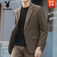 花花公子（PLAYBOY）正裝免燙小西裝男士秋季純色韓版潮流帥氣休閑修身黑色西服外套男 棕色高質(zhì)量 L 【95-115斤左右】