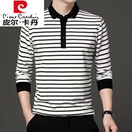 皮爾卡丹（pierre cardin）秋季新款T恤男撞色細條斑馬紋潮流中青年翻領(lǐng)Polo衫外穿秋衣體恤 白色 M
