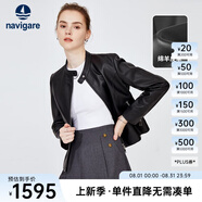 Navigare意大利小帆船真皮皮衣女士秋冬款黑色時(shí)尚百搭外套立領(lǐng)短款機車(chē)服 暗夜黑 XL