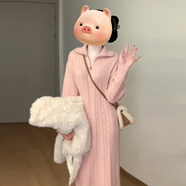 熒蒂（YINGDI）粉色翻領(lǐng)針織連衣裙子女秋冬2025新款感半拉鏈內(nèi)搭打底毛衣裙 粉色 M