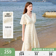 秋水伊人浪漫荷葉邊少女感連衣裙夏季新款氣質V領顯瘦中長裙 米白 M