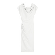 CaileiKelai氣質(zhì)性感斜肩連衣裙女夏季修身一字肩長(cháng)裙顯身材收腰包臀裙子 灰杏色 S