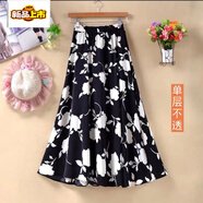 初徑中老年媽媽新款半身裙松緊高腰花色長(cháng)裙夏季中長(cháng)款長(cháng)廣場(chǎng)舞蹈薄 黑底米花朵 XL (建議85-105斤)