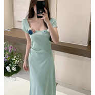 小野七天褶皺修身掐腰裙女夏季小眾設(shè)計法式立體花朵高級感方領(lǐng)連衣裙子 藍綠均碼【80-120斤】