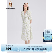 Hush Puppies暇步士女裝夏新款中長(cháng)款五分短袖顯瘦印花連衣裙 358綠白 XL