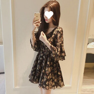 楓顧藍大碼女裝雪紡連衣裙夏季2025韓版小清新碎花裙超仙沙灘短裙 黑色（贈裹胸 S