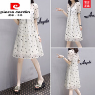 皮爾卡丹（pierre cardin）2025夏季韓版新款高腰寬松V領(lǐng)刺繡白色飄逸裙子短袖雪紡連衣裙女 米白色 S