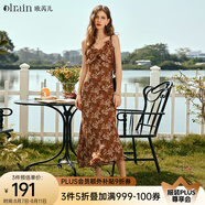 Olrain歐芮兒吊帶碎花連衣裙夏季女裝浪漫優(yōu)雅長(cháng)裙子度假沙灘裙 水仙咖 M