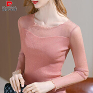 皮爾卡丹（pierre cardin）小衫顯瘦蕾絲衫網(wǎng)紗亮絲大碼T恤春秋蕾絲女圓領(lǐng)歐洲站內(nèi)搭黑色 藕粉 S