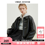 VEGA CHANG機(jī)車風(fēng)皮衣女春秋季2025年韓版bf風(fēng)一字扣PU皮夾克短外套 黑色 S
