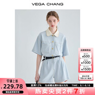 VEGA CHANG工裝連體短褲女夏2025新款小個(gè)子顯瘦高級(jí)感連身衣褲 藍(lán)色 L