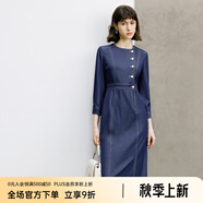 顏域時尚氣質(zhì)牛仔連衣裙女裝2024新款早春收腰顯瘦連身裙圓領(lǐng)裙子 深藍(lán) L