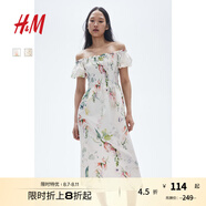 H&M女裝花卉連衣裙秋季花朵泡泡一字肩短袖植物印花長裙1230970 白色/花卉 S 160/88