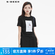 S.DEER圣迪奧女裝圓領(lǐng)撞色膠印系帶不規(guī)則T恤S22260135 黑色/91 S 160